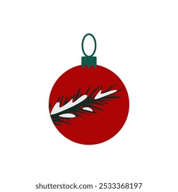A red ball with an image of a green fir tree in the snow.Christmas decoration.Vector illustration isolated on a white background.