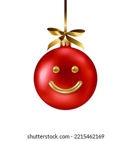 Balón roja aislada en un fondo blanco con cara de sonrisa tierno. Ilustración vectorial. Feliz Navidad Feliz Año Nuevo 2023 decoración de esfera colgando, lazo de cinta dorada. Baudible de juguete navideño para abetos