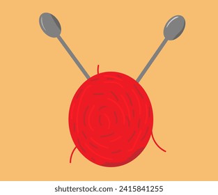 bola roja de hilo de punto y agujas de punto sobre un fondo naranja claro