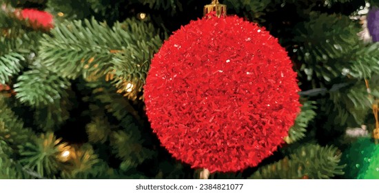Red ball on a Christmas tree with empty space for text. Christmas decorations, garland and toys. Christmas banner, vector postcard. New Year card, poster with New Year toy.