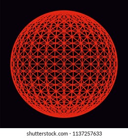 Red ball pattern with geometrically abstract structure on black background