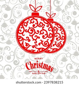 Red ball with a pattern on a pendant, Christmas gorgeous card with abstract festive elements