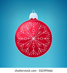  Red Ball with Snowflake , Christmas Ball  on a Blue Background ,  Tree Decoration, Merry Christmas and Happy New Year,  Vector Illustration