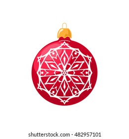 Red Ball with Snowflake Isolated on White Background , Christmas Tree Decoration, Merry Christmas and Happy New Year, Vector Illustration 