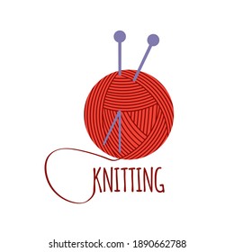 Red ball of thread and knitting needles on a white isolated background. Tangle with text. Template for postcards, logo, icons, labels.
