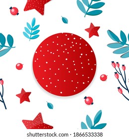 red ball with white speckles, winter branches, berries, red stars. On white background. Christmas and New year holiday concept. vector seamless pattern background
