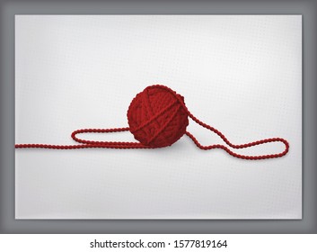 Red ball from wool thread on white cardboard or paper with realistic shadow, empty space for slogan. High detailed wool ball with shadow template in vector for your design.