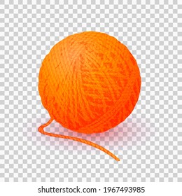 Red ball of yarn threads. Bundle of wool for knitting isolated on transparent background. Realistic detailed yarn ball for your design. Skein of wool. Vector illustration EPS10