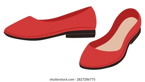 Red ballet flats. Pair of elegant red womens flat shoes with pointed toes flat vector illustration. Fashion footwear isolated on white background
