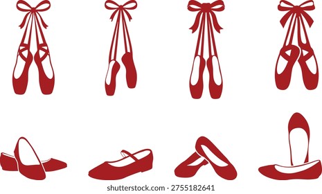 Red Ballet Pointe Shoes Collection, Ballet Shoes with Ribbon Laces Clipart, Ballet Shoes with Ribbon Laces Vector Illustration, Ballet Shoes Vector Set. 