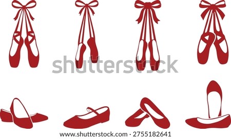 Red Ballet Pointe Shoes Collection, Ballet Shoes with Ribbon Laces Clipart, Ballet Shoes with Ribbon Laces Vector Illustration, Ballet Shoes Vector Set. 