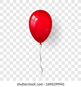 Red balloon 3D, thread, isolated white transparent background. Color glossy flying baloon, ribbon, birthday celebrate, surprise. Helium ballon gift. Realistic design happy bday. Vector illustration