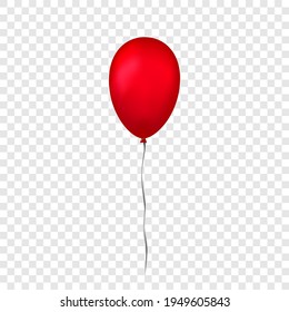 Red balloon 3D, thread, isolated white transparent background. Color glossy flying baloon, ribbon, birthday celebrate, surprise. Helium ballon gift. Realistic design happy bday, Vector illustration