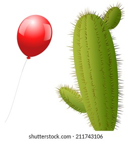 A red balloon approaches a cactus with many spines. Isolated vector illustration over white background.
