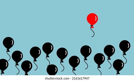 Red balloon and black balloon on blue background vector. Stand out concept.