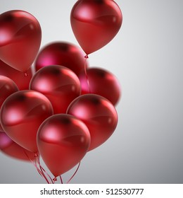 Red Balloon Bunch. Vector Holiday Illustration Of Flying Red Balloons. Birthday Decoration Element
