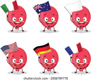 Red balloon cartoon character bring the flags of various countries. Vector illustration