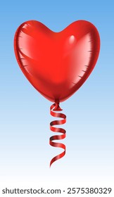 A red balloon with a circular ribbon tied underneath floated in the air