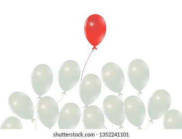 Red balloon flying ahead of white balloons, leadership,difference, stand out from the crowd  business concept vector illustration