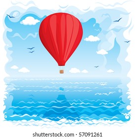 Red balloon flying under the sea