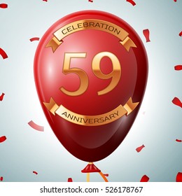 Red balloon with golden inscription fifty nine years anniversary celebration and golden ribbons on grey background and confetti. Vector illustration