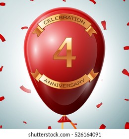 Red balloon with golden inscription four years anniversary celebration and golden ribbons on grey background and confetti. Vector illustration