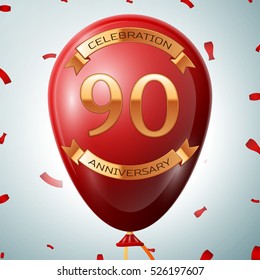 Red balloon with golden inscription ninety years anniversary celebration and golden ribbons on grey background and confetti. Vector illustration