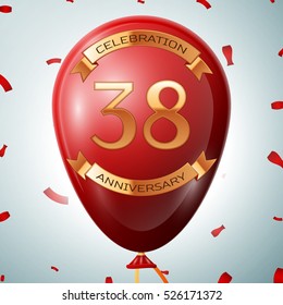 Red balloon with golden inscription thirty eight years anniversary celebration and golden ribbons on grey background and confetti. Vector illustration