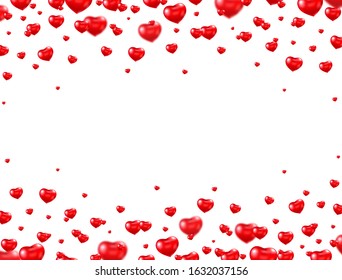 Red balloon heart frame. Bright helium balloons falling on white background. Valentine's day card. Heart shaped air ballon. Romantic border. Vector illustration