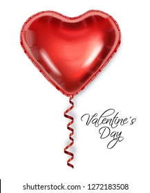 Red balloon heart isolated on white background Vector realistic. Valentine day card template. Romantic poster with air balloon foils