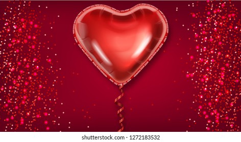 Red balloon heart on glitter background Vector realistic. Valentine day card template. Romantic poster with air balloon foils