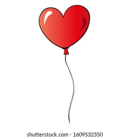 Red balloon. Heart shaped balloon. A romantic ball tied with a thread. An original interior decoration or a gift. Colored vector illustration. Isolated background. Idea for web design.