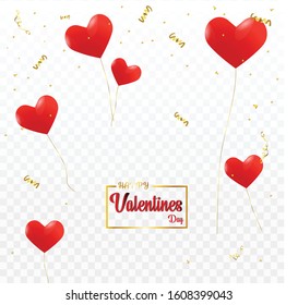 Red balloon hearts and confetti particles. Valentines Day or Wedding invitation festive decoration