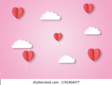 red balloon hearts flying in the air with clouds paper art style background. vector Illustration.