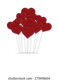 Red balloon hearts with stitched strings, on white background