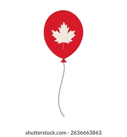 A red balloon with a leaf on it. The balloon is tied to a string