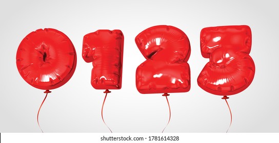 Red balloon  number 0, 1, 2, 3 realistic 3d render air balloon. Collection of red balloons number ready to use. Holiday, party, sale. 3d vector icon set. Foil balloon number zero isolated on white.