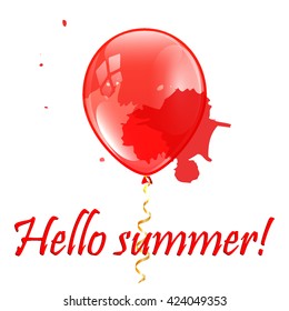 Red balloon on a white background. Blots. Lettering Hello summer!