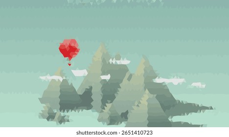 Red balloon over polygonal mountains hot air balloon