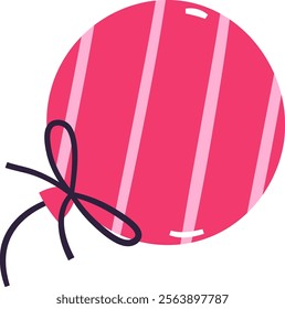 Red balloon with pink stripes and ribbon, playful and decorative. Vector Illustration.