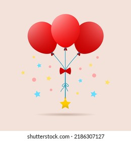 Red Balloon And Ribbon Hanging Yellow Stars And Circle Foil Celebrate Party Decoration On Brown Background Flat Vector Design.