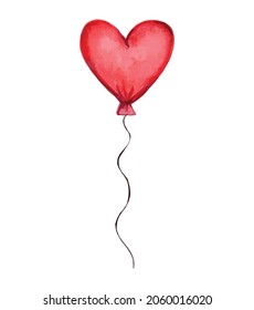 Globo rojo en forma de corazón sobre fondo blanco. Ilustración del vector de acuarela dibujada a mano