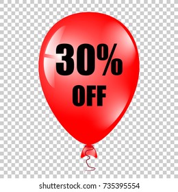 Red Balloon with text 30 percents. Vector illustration. Balloons with percents on the isolated background.