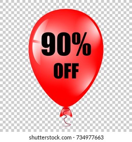 Red Balloon with text 90 percents. Vector illustration. Balloons with percents on the isolated background.