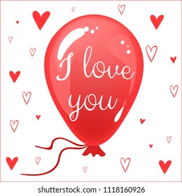 Red balloon with text on white background. A declaration of love. Postcard, congratulations