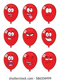 Red Balloons Cartoon Mascot Character With Expressions. Vector Collection Set Isolated On White Background