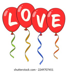 Red balloons with colorful ribbons and LOVE word. Valentine's day. Cartoon. Vector illustration. Isolated on white background