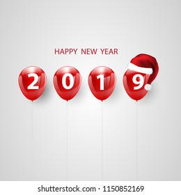 red balloons, concept design Happy New Year 2019 background. Celebration Vector illustration. Merry Christmas and santa top hat