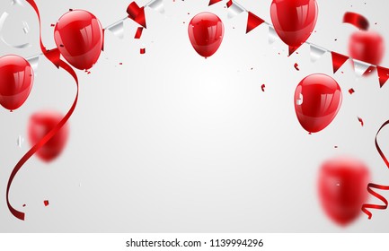 Red balloons, confetti concept design 17 August Happy Independence Day greeting background. Celebration Vector illustration.