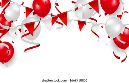Red balloons, confetti concept design 17 August Happy Independence Day greeting background. Celebration Vector illustration.
